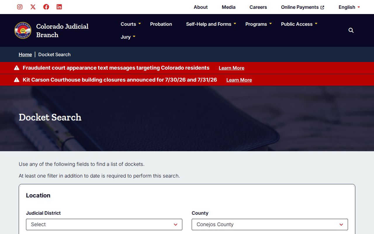 Conejos County criminal court case docket search