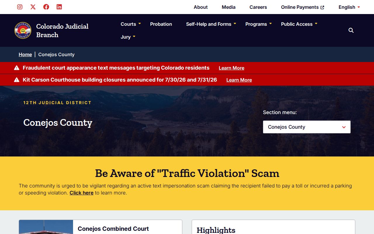 Conejos County criminal court cases Combined Court page