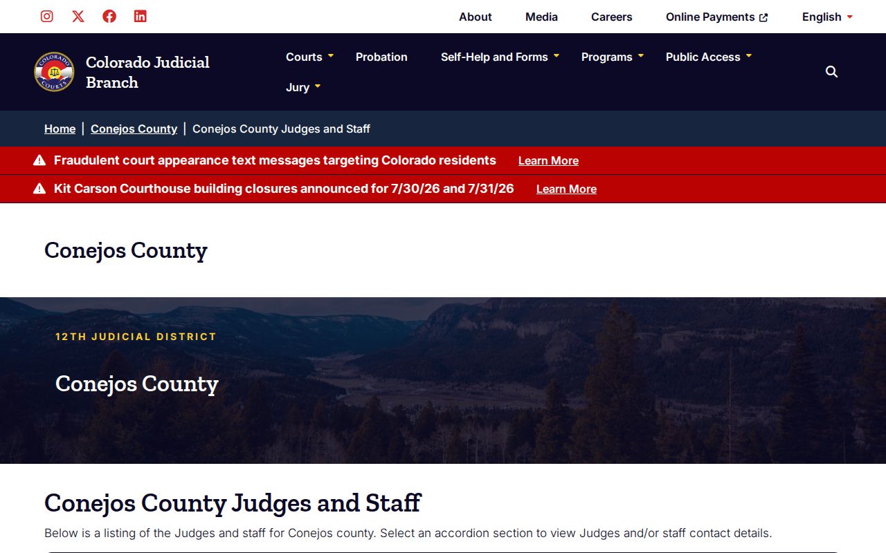 Conejos County criminal court cases judges and staff