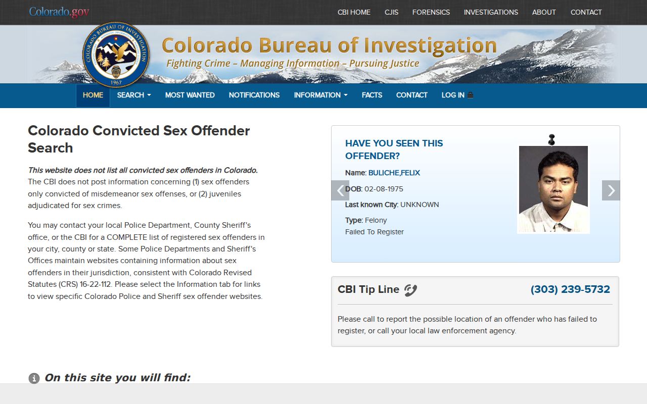 Conejos County sex offender search on the Colorado registry landing page