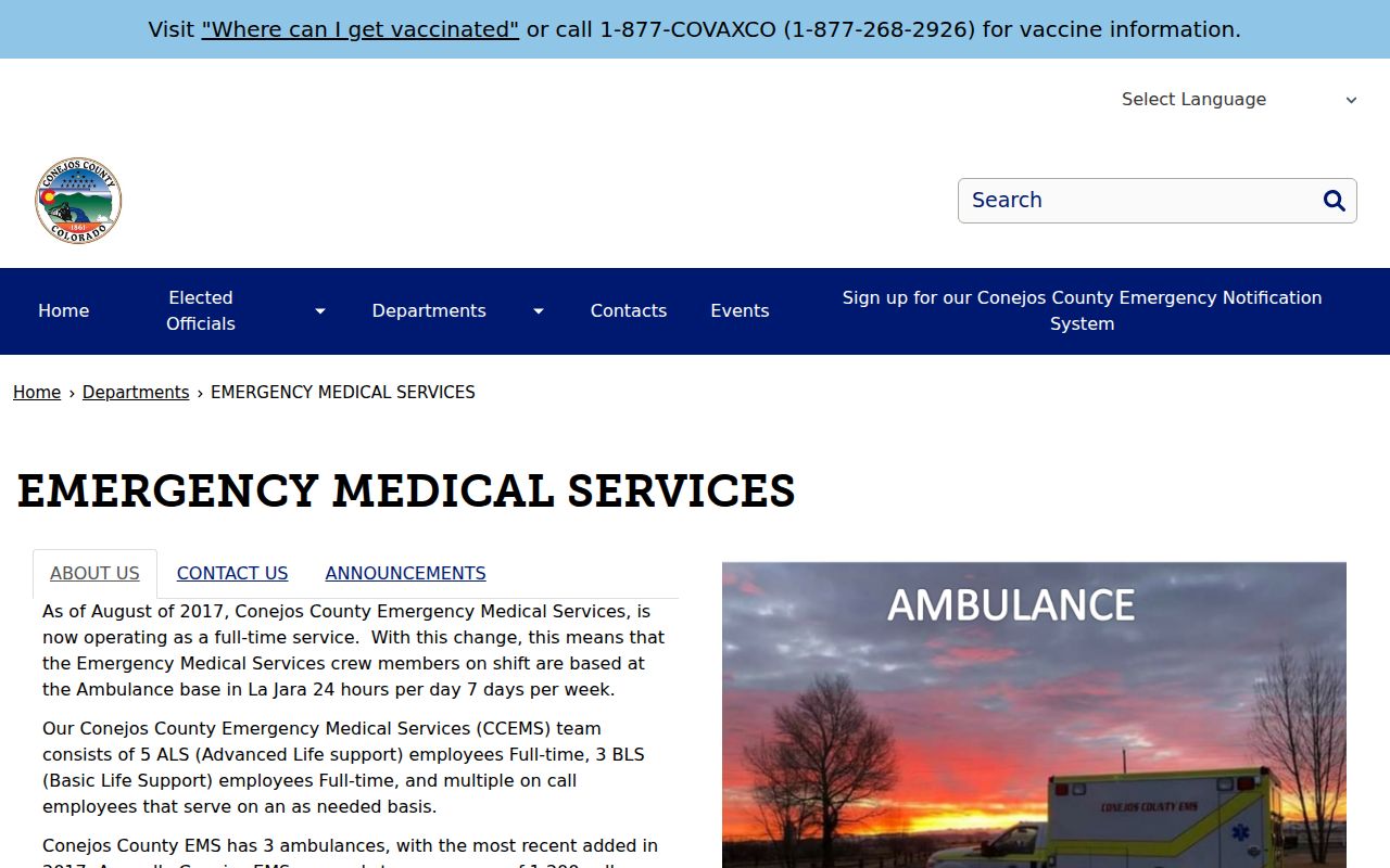Conejos County EMS page describing the La Jara public-safety base